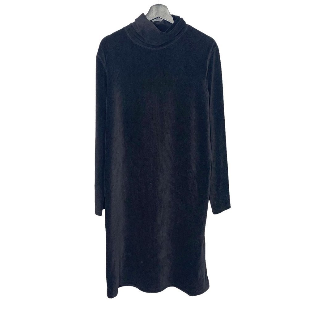 Vintage 90s Black Long Sleeve Unstructured Turtleneck Below Knee Dress XL